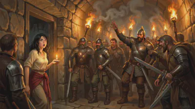 A noblewoman with a candle caught in a doorway by torchlit armed adventurers crowding the passage.