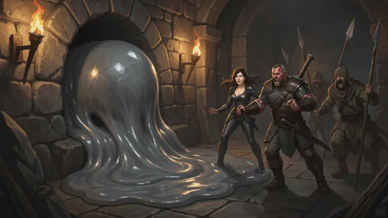 A grey ooze surges out of a burial niche in a torch-lit barrow chamber as adventurers and tomb robbers recoil together.