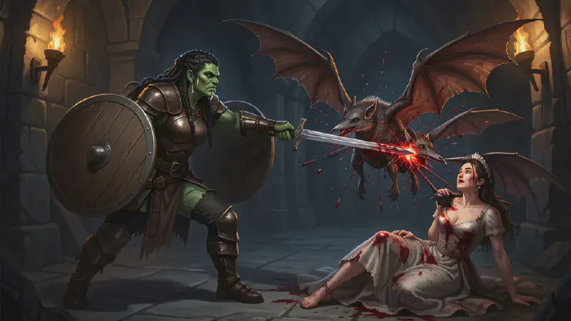 A blood-splattered noblewoman collapses to the floor of a high stone chamber as two dog-sized four-winged insectile bats with needle beaks cling to her; a fierce half-orc woman with braided hair swings a longsword through one of them in a spray of gore, torchlight and shadow all around.