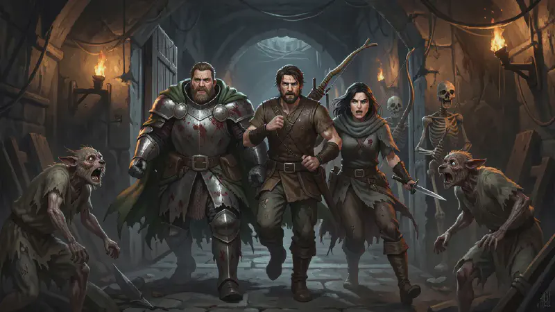 Three battered adventurers come through a low doorway into a squalid underground warren at a run: the armored man with his plate dented and his green cloak torn and bloodied, a bearded archer carrying a longbow, and a dark-haired woman in a grey-green throat scarf with a dagger drawn. Deformed mongrel-folk in rags shrink back from them on either side, and behind them in the corridor a skeleton with a bow is following.