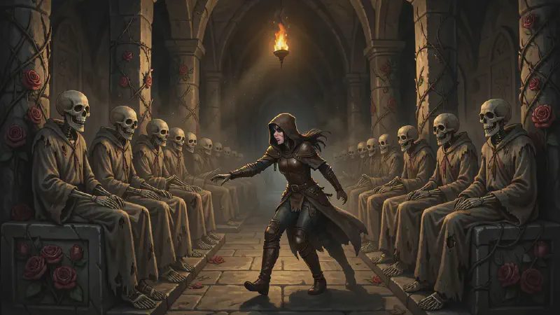 A long underground hall of stone pillars lit by a single hanging torch, rose-and-thorn carvings covering the tombs and walls. Down both sides, dozens of skeletons in the rotted rags of priests’ robes sit bolt upright on their slabs in the same instant, empty sockets turned inward. A dark-haired woman in worn leather armor and a hooded cloak stands alone in the aisle between them, one hand still outstretched.